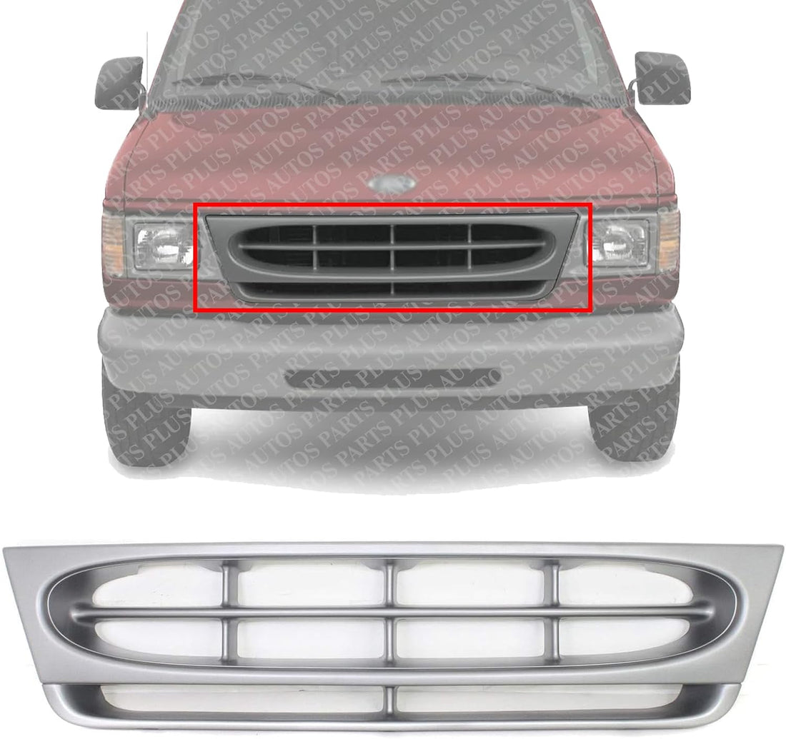 Front Grille Painted Silver Shell And Insert Plastic Direct Replacement Compatible With 1997-2004 Ford E-Series FO1200338 F8UZ8200BAA