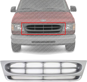 Front Grille Painted Silver Shell And Insert Plastic Direct Replacement Compatible With 1997-2004 Ford E-Series FO1200338 F8UZ8200BAA