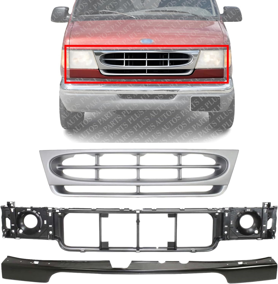 AUTOS PARTS PLUS Front Grille Silver Shell & Insert + Header Panel ABS Plastic + Bumper Filler Stone Deflector Primed Direct Replacement Compatible With 1997-2002 Ford E- Class FO1200338 FO1092175