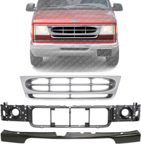 AUTOS PARTS PLUS Front Grille Silver Shell & Insert + Header Panel ABS Plastic + Bumper Filler Stone Deflector Primed Direct Replacement Compatible With 1997-2002 Ford E- Class FO1200338 FO1092175