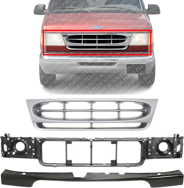 AUTOS PARTS PLUS Front Grille Silver Shell & Insert + Header Panel ABS Plastic + Bumper Filler Stone Deflector Primed Direct Replacement Compatible With 1997-2002 Ford E- Class FO1200338 FO1092175