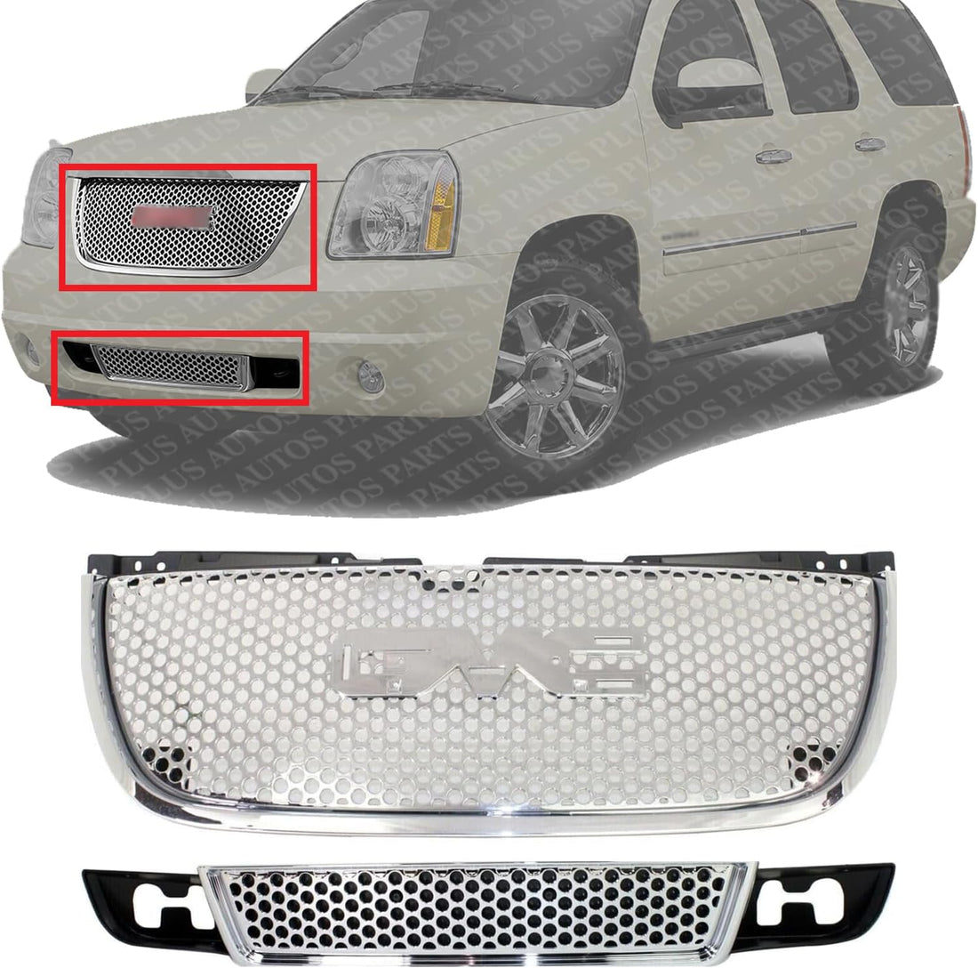 Front Upper & Lower Grilles Direct Replacement Compatible With 2007-2014 GMC Yukon GM1200610 GM1036114 22761715 15264513