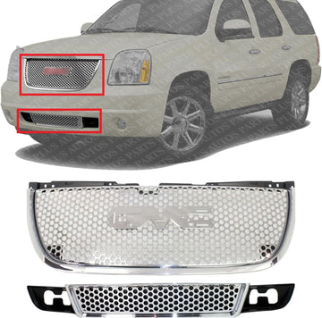 Front Upper & Lower Grilles Direct Replacement Compatible With 2007-2014 GMC Yukon GM1200610 GM1036114 22761715 15264513