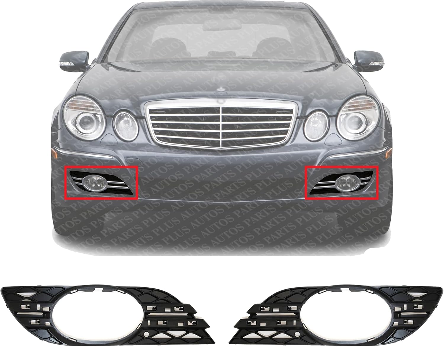 Set Of 2 Front Fog Light Molding Primed Plastic Left Driver & Right Passenger Side Direct Replacement Compatible With 2007-2009 Mercedes Benz E-Class MB1039115 MB1038115