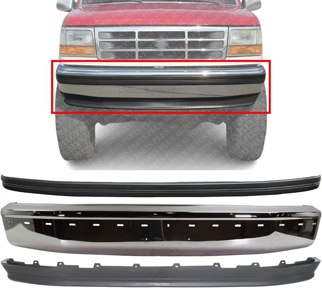 Front Bumper Chrome without Air Holes + Molding + Lower Valance Panel Textured Direct Replacement Compatible With Ford F-150 / Bronco 1992-1996 FO1002237 FO1057220 FO1095154