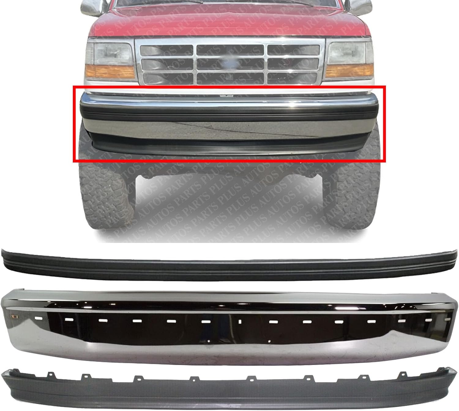 Front Bumper Chrome without Air Holes + Molding + Lower Valance Panel Textured Direct Replacement Compatible With Ford F-150 / Bronco 1992-1996 FO1002237 FO1057220 FO1095154