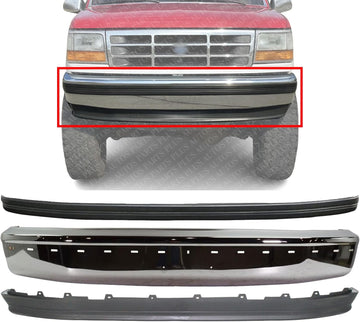 Front Bumper Chrome without Air Holes + Molding + Lower Valance Panel Textured Direct Replacement Compatible With Ford F-150 / Bronco 1992-1996 FO1002237 FO1057220 FO1095154