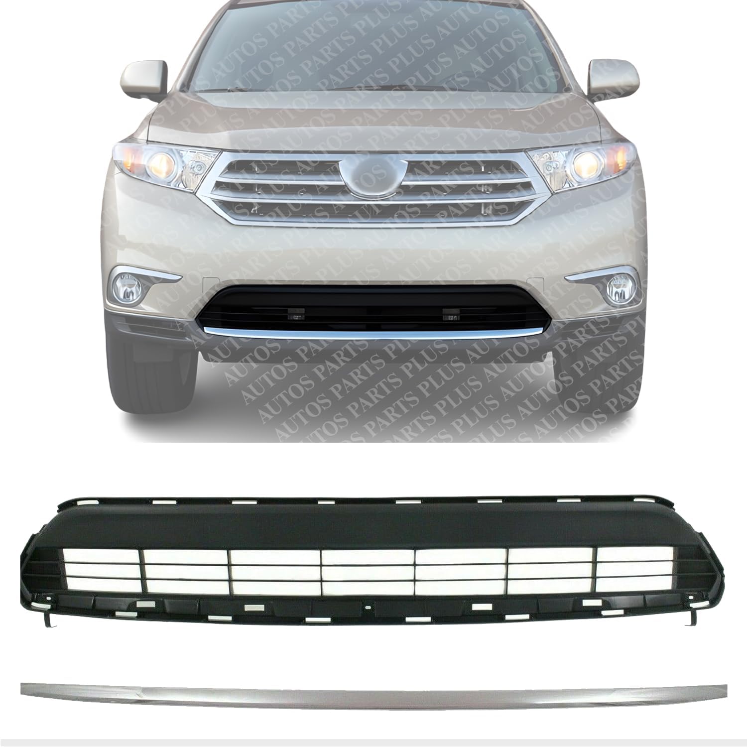 Front Bumper Lower Grille Textured Black + Trim Molding Chrome Direct Replacement Compatible With 2011-2013 Toyota Highlander TO1036130 TO1044111 527110E040 531120E070