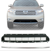 Front Bumper Lower Grille Textured Black + Trim Molding Chrome Direct Replacement Compatible With 2011-2013 Toyota Highlander TO1036130 TO1044111 527110E040 531120E070