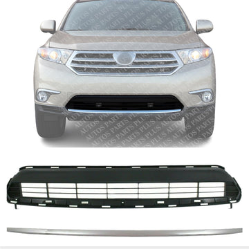 Front Bumper Lower Grille Textured Black + Trim Molding Chrome Direct Replacement Compatible With 2011-2013 Toyota Highlander TO1036130 TO1044111 527110E040 531120E070