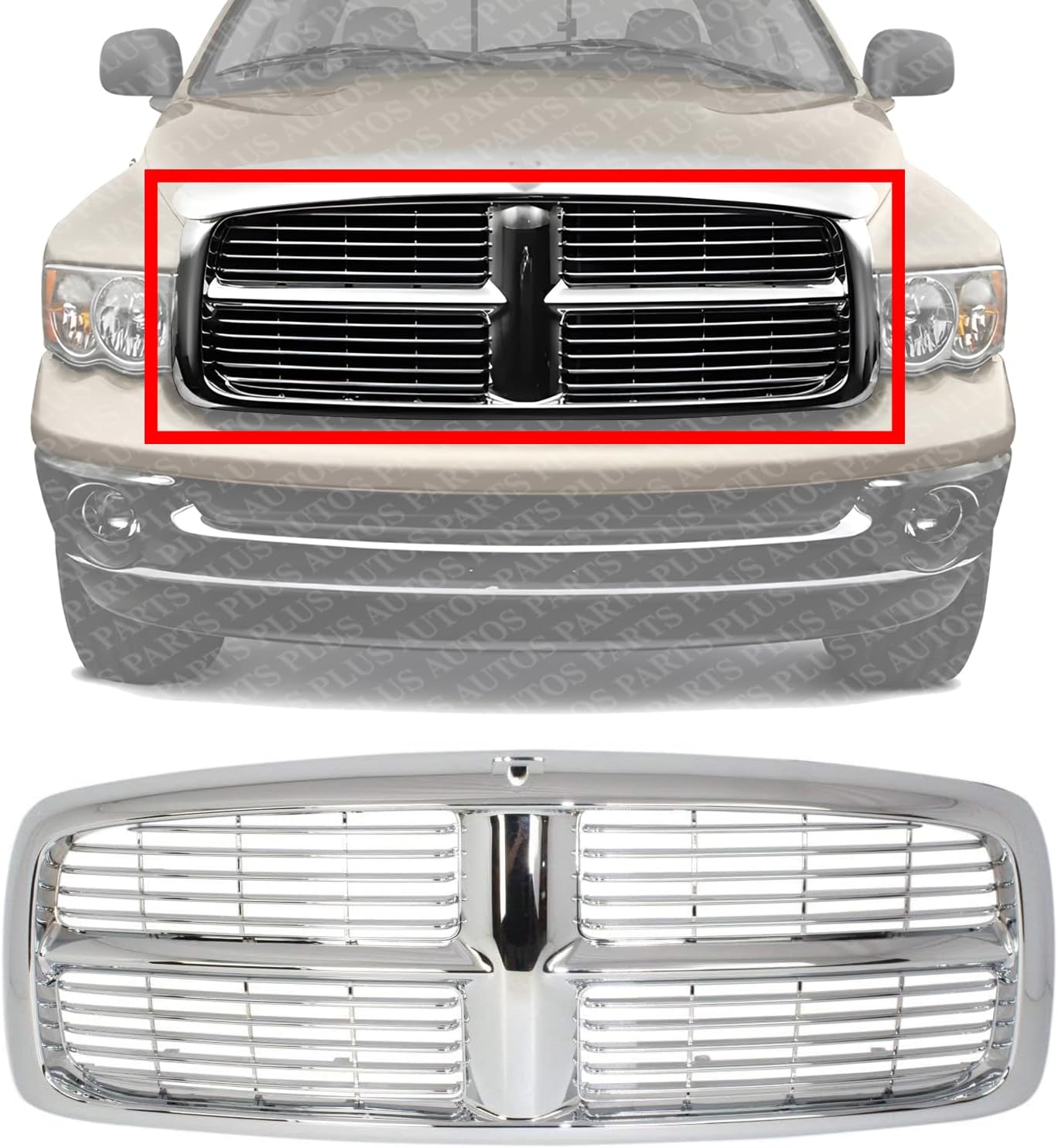 Front Grille Chrome Shell And Horizontal Bar Insert Plastic Direct Replacement Compatible With 2002-2005 Dodge Full Size Pickup D070120