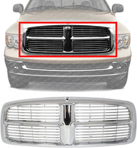 Front Grille Chrome Shell And Horizontal Bar Insert Plastic Direct Replacement Compatible With 2002-2005 Dodge Full Size Pickup D070120