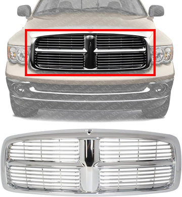 Front Grille Chrome Shell And Horizontal Bar Insert Plastic Direct Replacement Compatible With 2002-2005 Dodge Full Size Pickup D070120