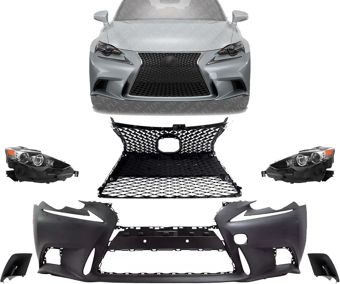 Front Bumper Cover + Upper & Lower Grille Primed + Head Lights + Fog Lamp Covers Left Driver And Right Passenger Side Direct Replacement Compatible With 2014-2016 Lexus IS250 / IS350