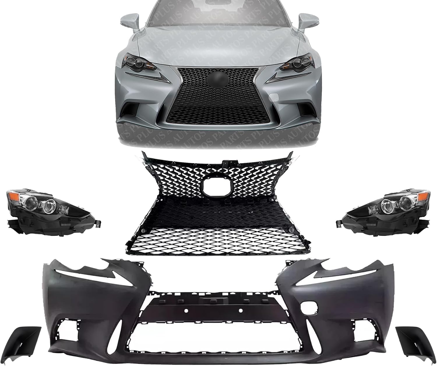 Front Bumper Cover + Upper & Lower Grille Primed + Head Lights + Fog Lamp Covers Left Driver And Right Passenger Side Direct Replacement Compatible With 2014-2016 Lexus IS250 / IS350
