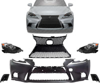 Front Bumper Cover + Upper & Lower Grille Primed + Head Lights + Fog Lamp Covers Left Driver And Right Passenger Side Direct Replacement Compatible With 2014-2016 Lexus IS250 / IS350