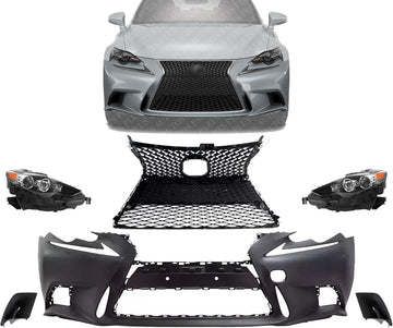 Front Bumper Cover + Upper & Lower Grille Primed + Head Lights + Fog Lamp Covers Left Driver And Right Passenger Side Direct Replacement Compatible With 2014-2016 Lexus IS250 / IS350