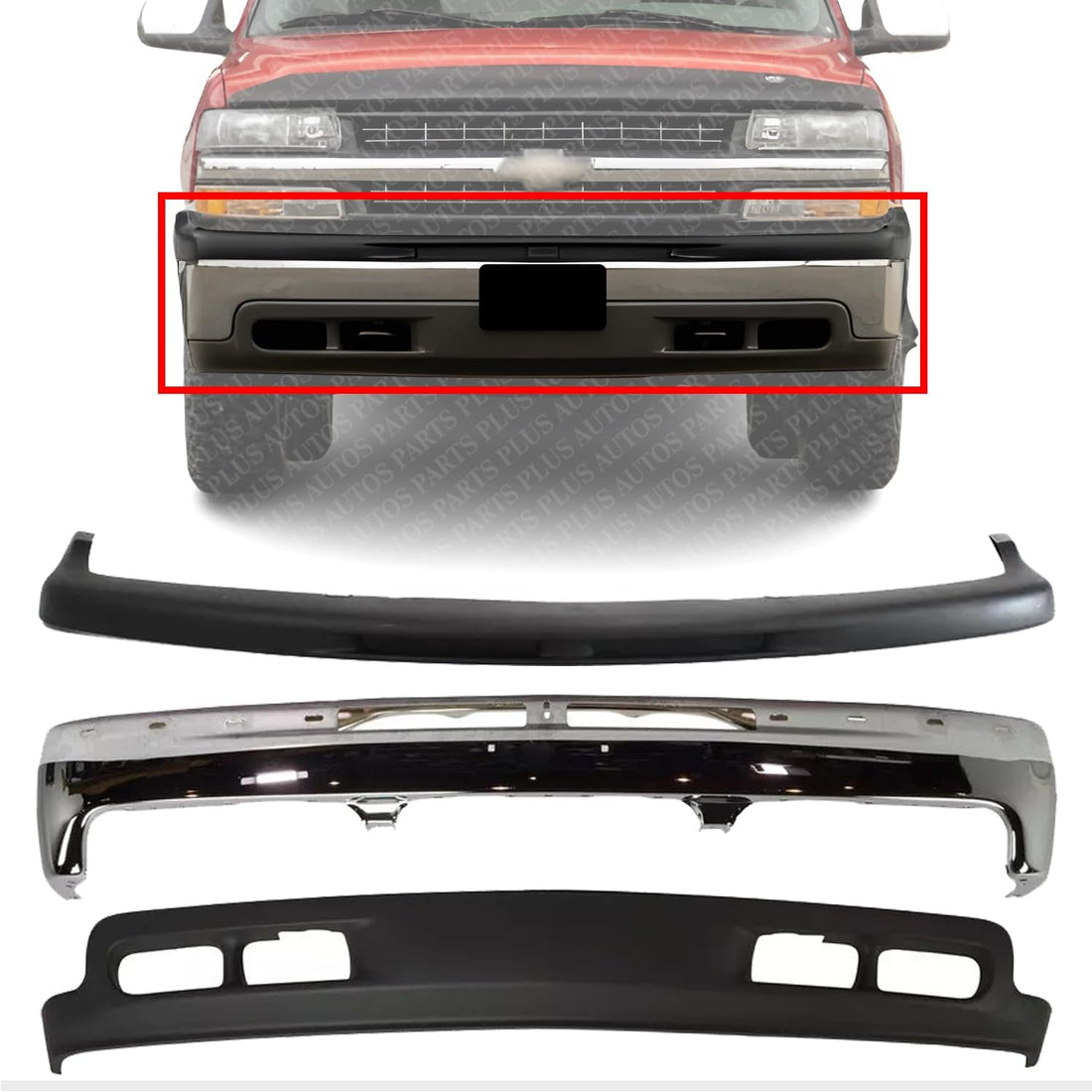 Front Bumper Chrome Without Brackets + Upper Cover + Lower Valance Air Deflector Textured Direct Replacement Compatible With 1999-2002 Chevrolet 1500/2000-2006 Tahoe/Suburban