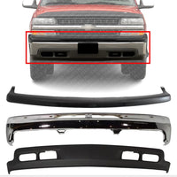 Front Bumper Chrome Without Brackets + Upper Cover + Lower Valance Air Deflector Textured Direct Replacement Compatible With 1999-2002 Chevrolet 1500/2000-2006 Tahoe/Suburban