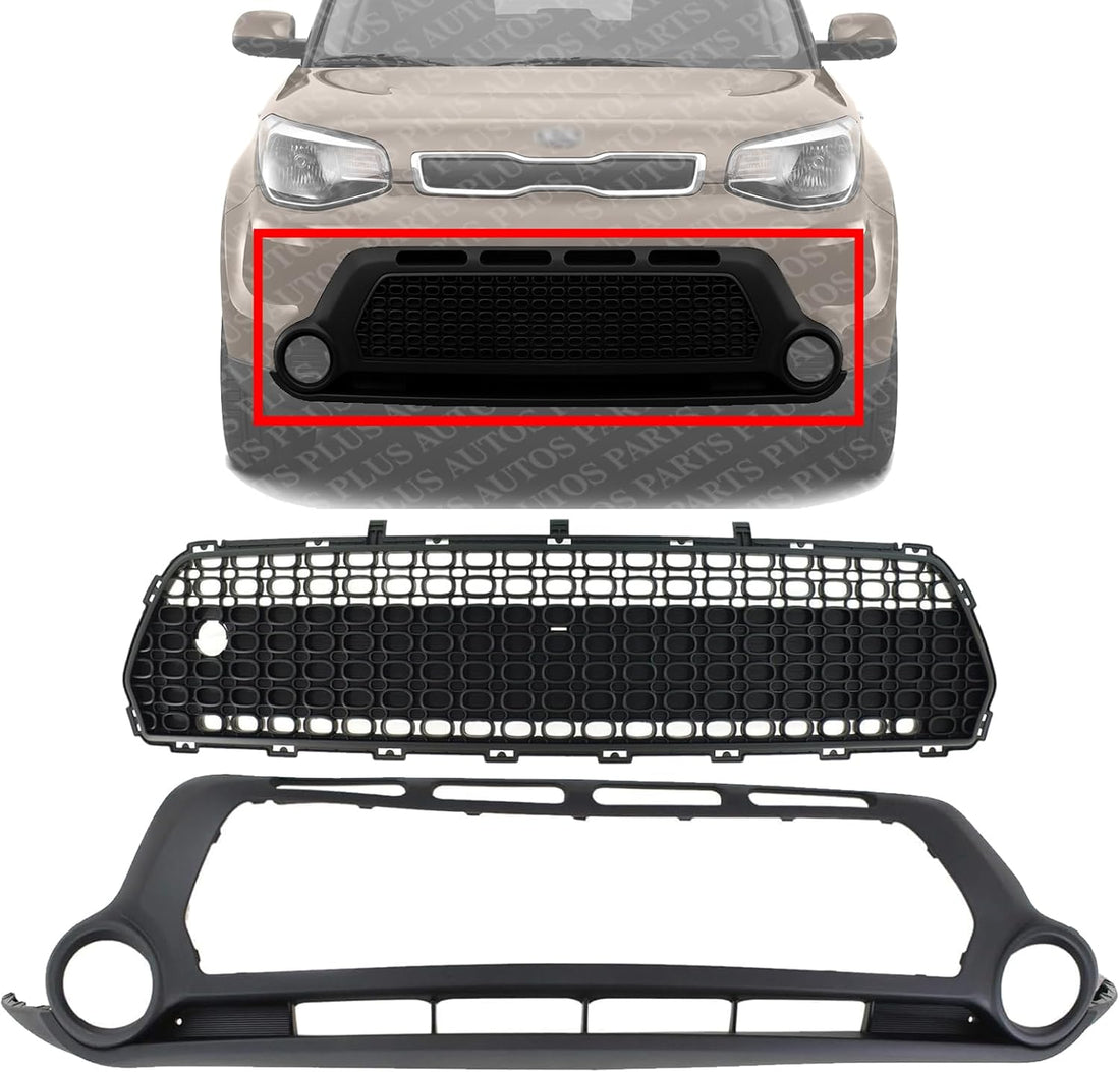 Front Bumper Cover Lower + Center Grille Textured Direct Replacement Compatible With 2014-2016 Kia Soul KI1015104 KI1036119 86561B2000 86512B2000