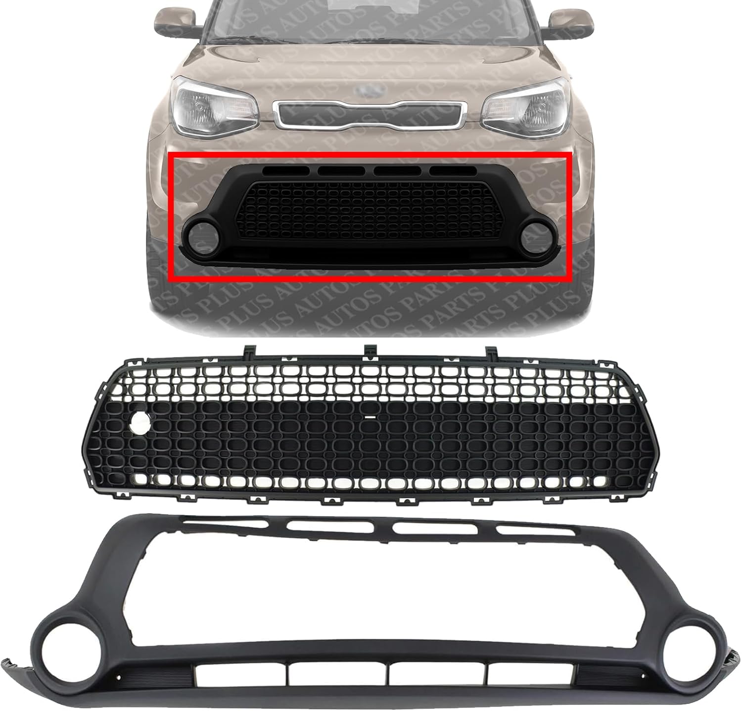 Front Bumper Cover Lower + Center Grille Textured Direct Replacement Compatible With 2014-2016 Kia Soul KI1015104 KI1036119 86561B2000 86512B2000