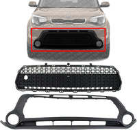 Front Bumper Cover Lower + Center Grille Textured Direct Replacement Compatible With 2014-2016 Kia Soul KI1015104 KI1036119 86561B2000 86512B2000