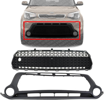 Front Bumper Cover Lower + Center Grille Textured Direct Replacement Compatible With 2014-2016 Kia Soul KI1015104 KI1036119 86561B2000 86512B2000