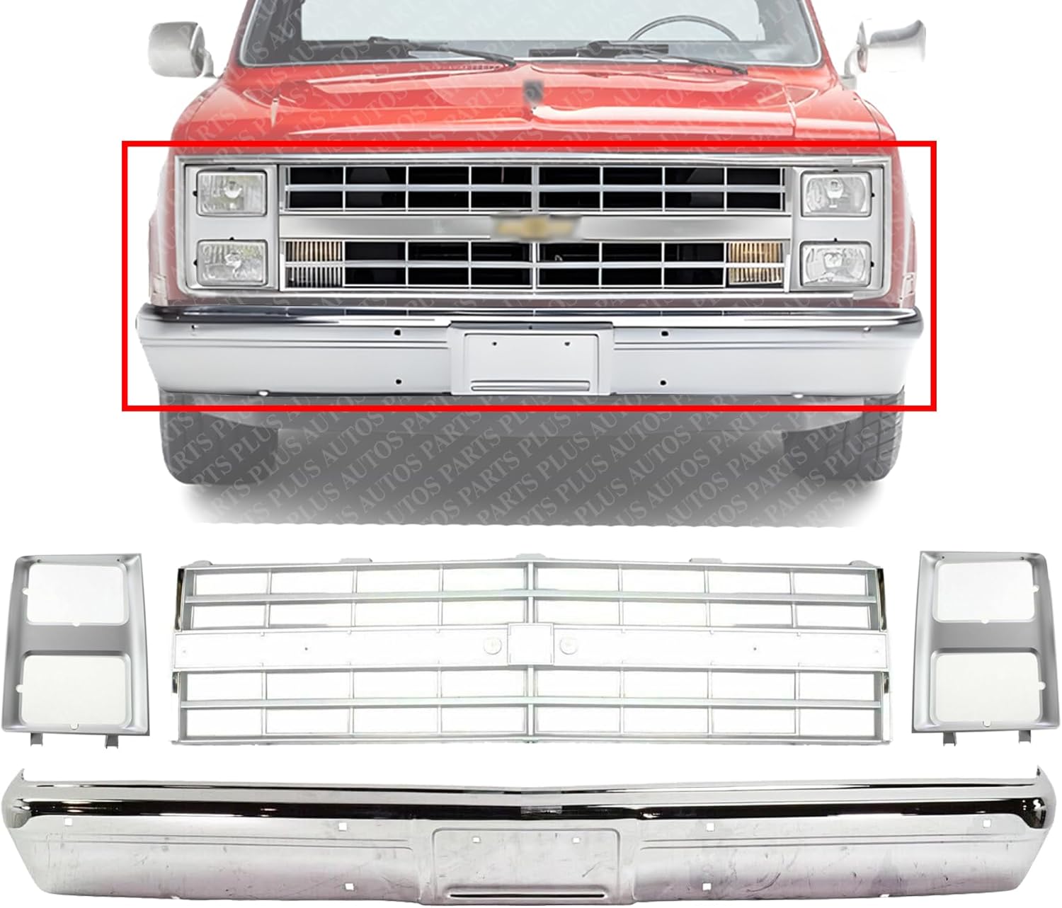 Front Bumper Chrome Without Impact Strip + Grille Silver Shell And Insert + Headlamp Bezels Right & Left Side Direct Replacement Compatible With Chevrolet/GMC C/K-Series 1985-1987