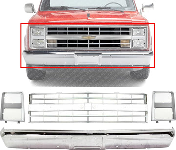 Front Bumper Chrome Without Impact Strip + Grille Silver Shell And Insert + Headlamp Bezels Right & Left Side Direct Replacement Compatible With Chevrolet/GMC C/K-Series 1985-1987