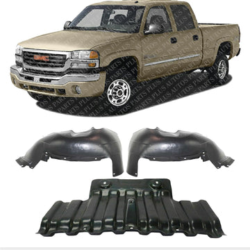 Front Engine Splash Shield Under Cover + Fender Liners Left & Right Side Direct Replacement Compatible With 1999-2006 Chevrolet Silvrado/GMC Sierra 1500 2500HD GM1246110 GM1247110