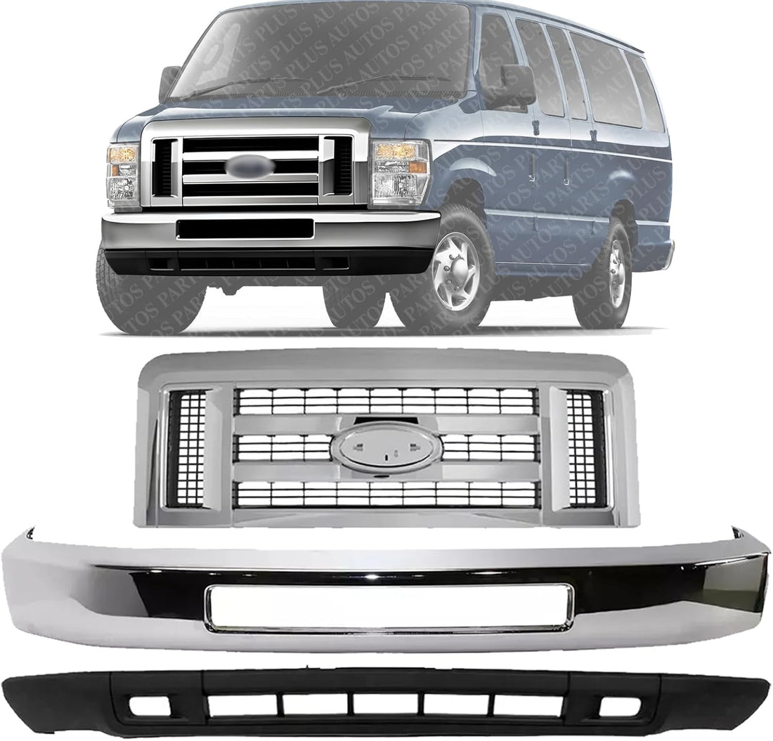 Front Bumper Steel + Grille Chrome Shell With Painted Gray Insert + Lower Valance Textured Direct Replacement Compatible With 2008-2019 Ford Econoline Van
