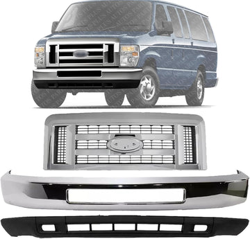 Front Bumper Steel + Grille Chrome Shell With Painted Gray Insert + Lower Valance Textured Direct Replacement Compatible With 2008-2019 Ford Econoline Van