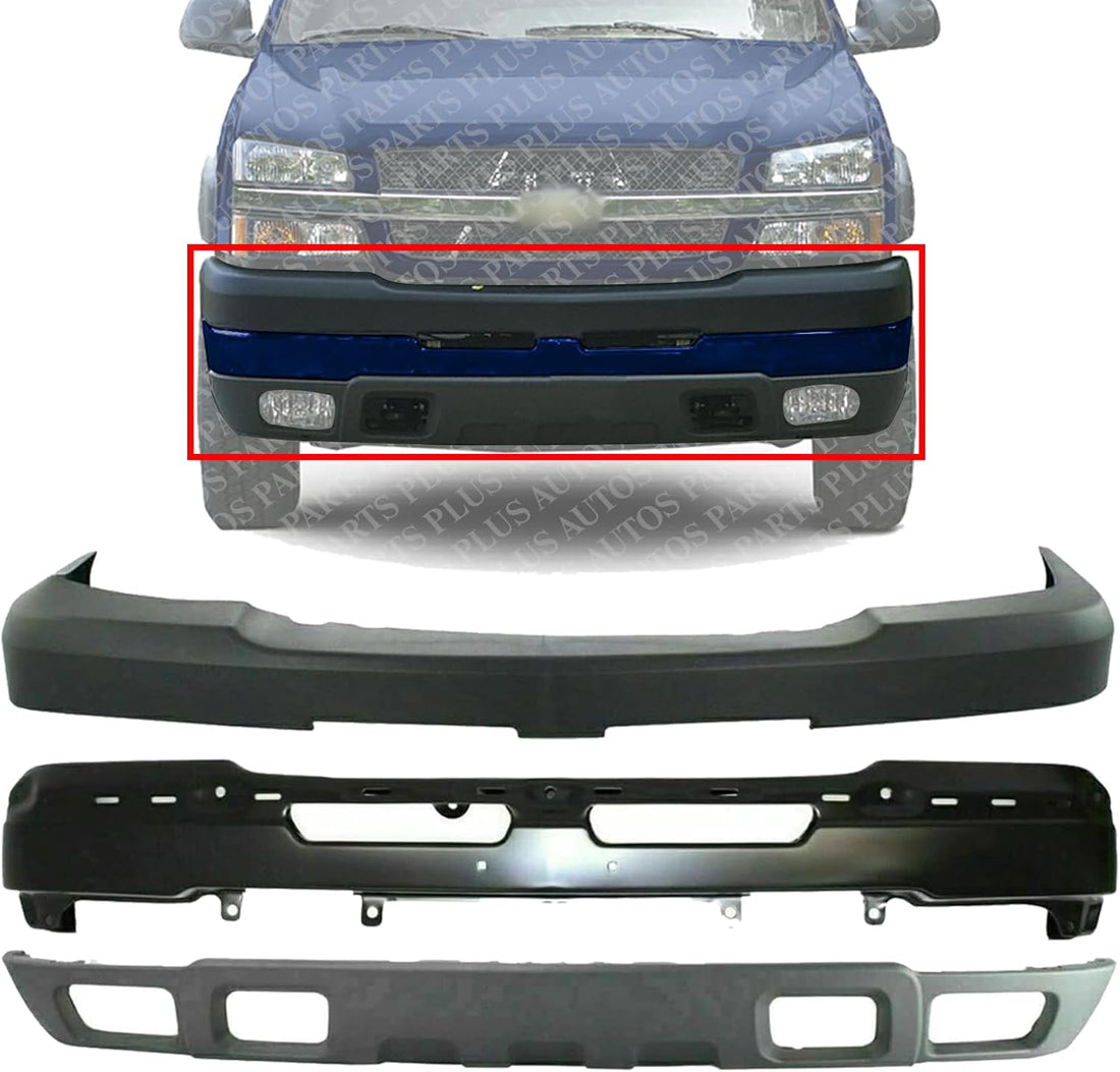 Front Bumper Primed Steel + Upper Cover + Lower Valance Textured Plastic With Fog Light Hole Direct Replacement Compatible With Chevrolet Silverado 2500HD 3500 2003-2006 GM1051109