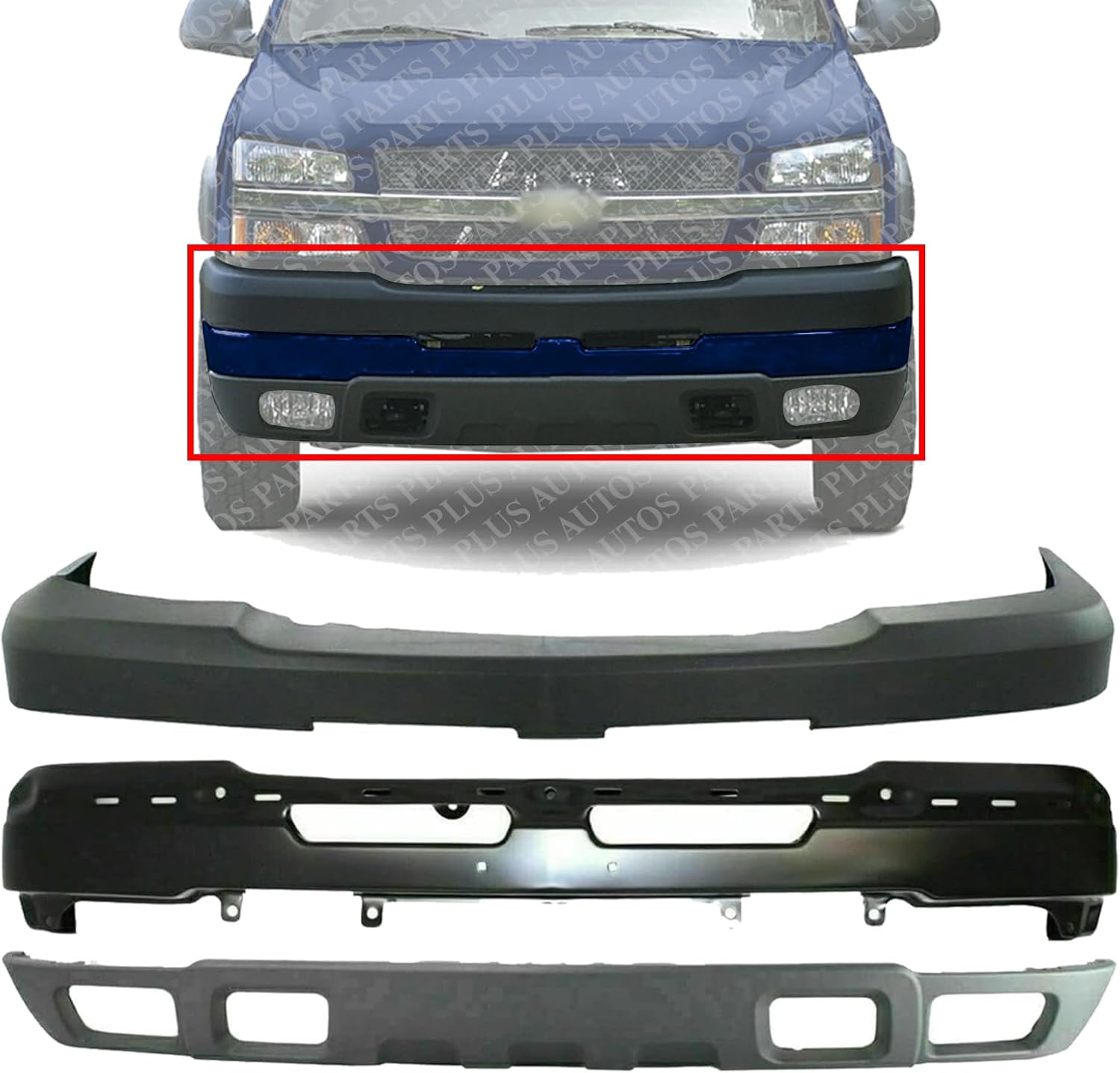 Front Bumper Primed Steel + Upper Cover + Lower Valance Textured Plastic With Fog Light Hole Direct Replacement Compatible With Chevrolet Silverado 2500HD 3500 2003-2006 GM1051109