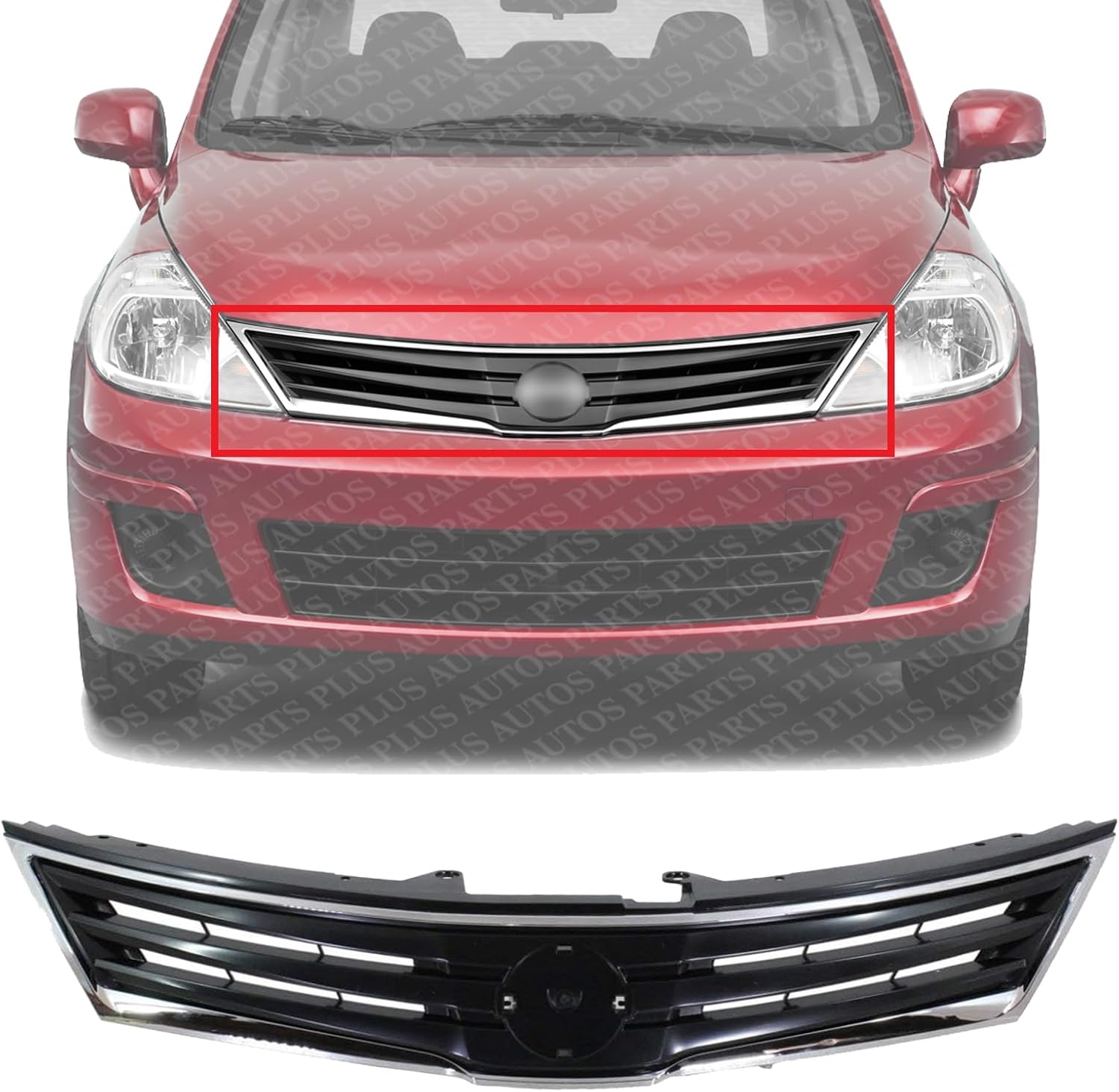 Front Grille Chrome Shell & Primed Insert Direct Replacement Compatible With 2010-2012 Nissan Versa NI1200242 62310ZW80A