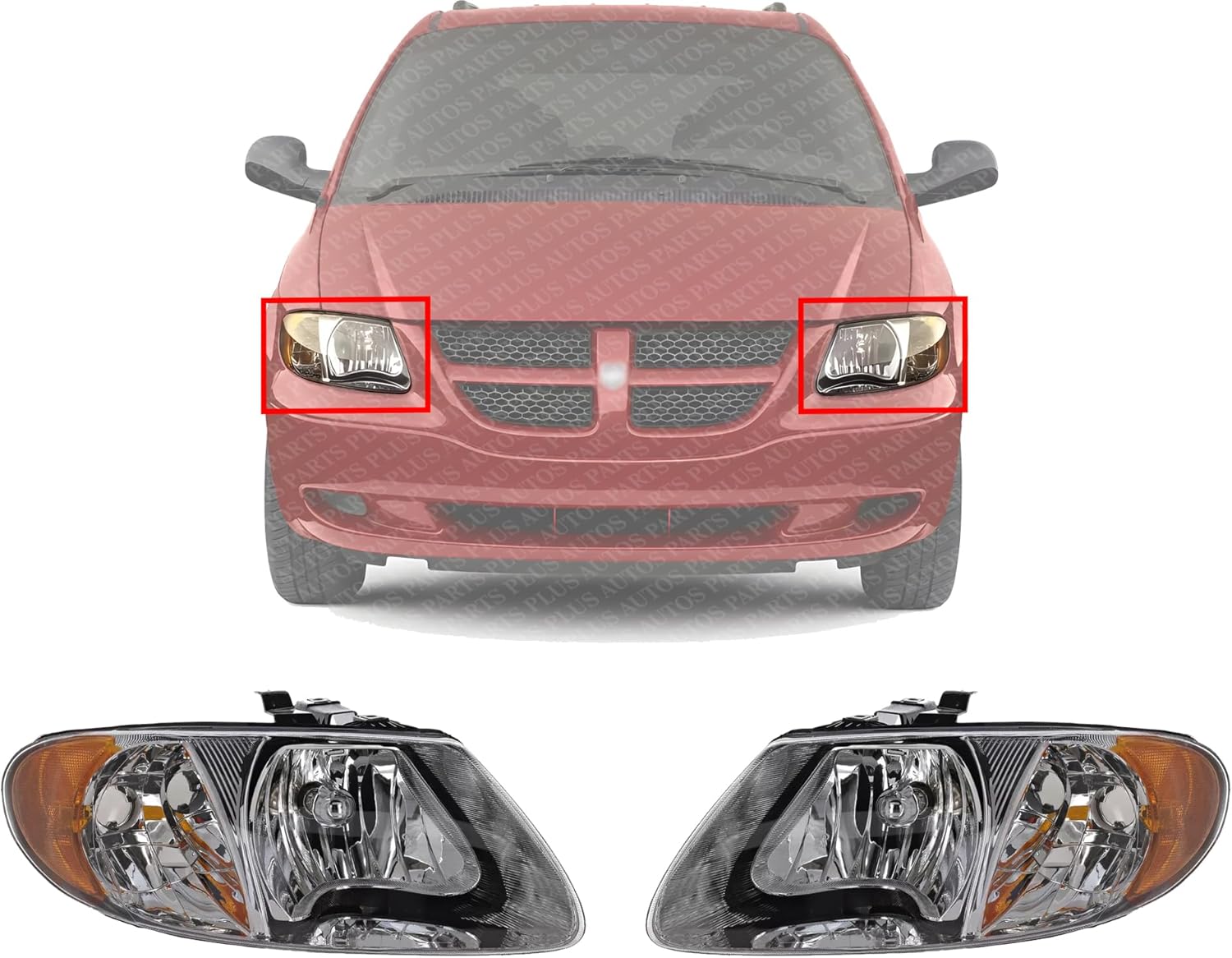 Set Of 2 Head Light Assembly Right & Left Side Direct Replacement Compatible With 2001-2007 Dodge Caravan/Grand Caravan/Town & Country / 2001-2003 / Voyager 4857700AC-PFM