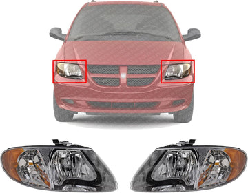 Set Of 2 Head Light Assembly Right & Left Side Direct Replacement Compatible With 2001-2007 Dodge Caravan/Grand Caravan/Town & Country / 2001-2003 / Voyager 4857700AC-PFM