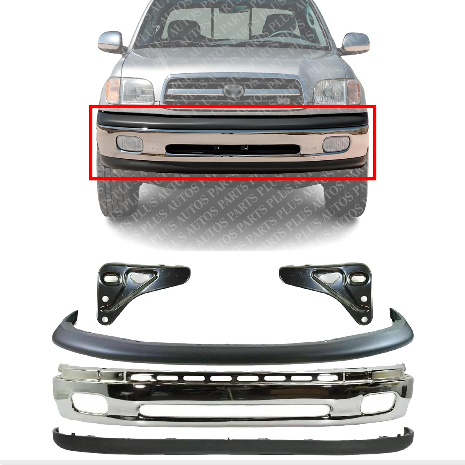 Front Bumper Chrome Steel + Upper Cover + Lower Valance Textured + Brackets Right Passenger & Left Driver Side Direct Replacement Compatible With Toyota Tundra 2000-2006 TO1000198