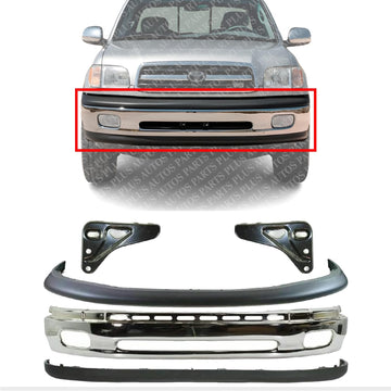 Front Bumper Chrome Steel + Upper Cover + Lower Valance Textured + Brackets Right Passenger & Left Driver Side Direct Replacement Compatible With Toyota Tundra 2000-2006 TO1000198