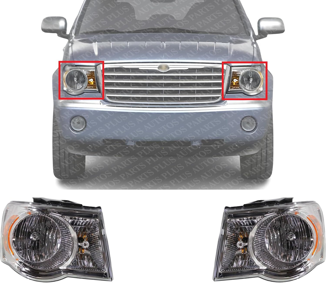 Set Of 2 Front Head Light Assembly Plastic Left Driver & Right Passenger Side Direct Replacement Compatible With 2007-2009 Chrysler Aspen CH2502179 CH2503179