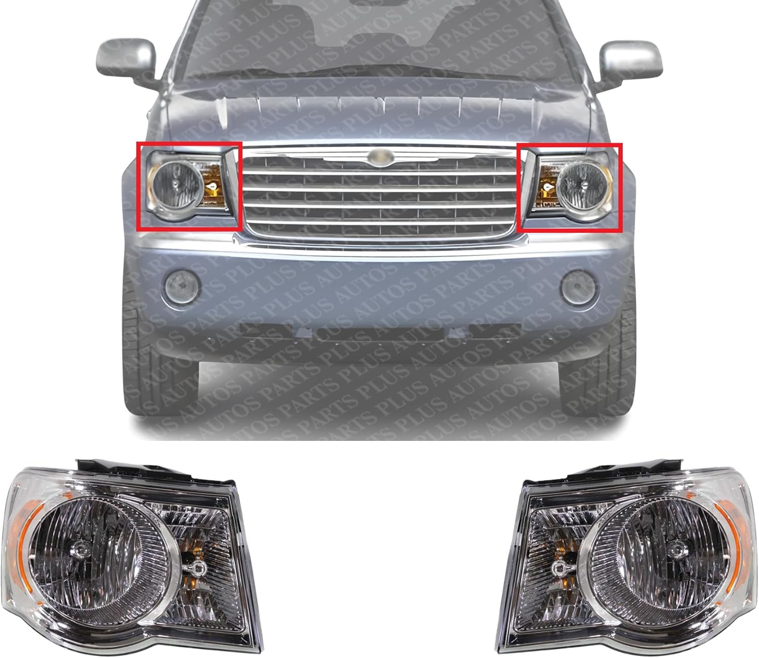Set Of 2 Front Head Light Assembly Plastic Left Driver & Right Passenger Side Direct Replacement Compatible With 2007-2009 Chrysler Aspen CH2502179 CH2503179
