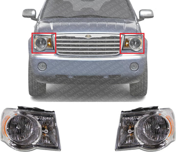 Set Of 2 Front Head Light Assembly Plastic Left Driver & Right Passenger Side Direct Replacement Compatible With 2007-2009 Chrysler Aspen CH2502179 CH2503179
