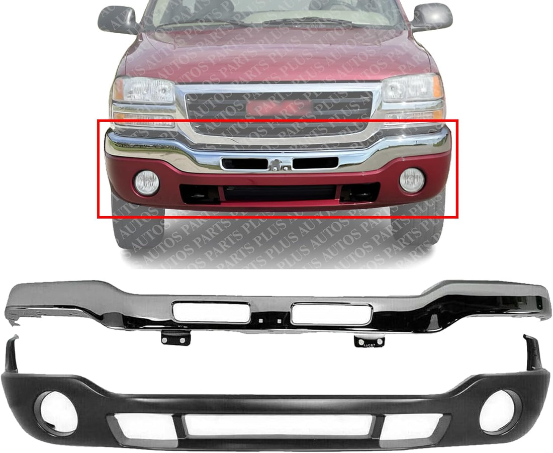 Front Bumper Chrome Steel Without Brackets + Lower Valance Primed With Fog Light Holes Direct Replacement Compatible With GMC Sierra 1500 2500HD 3500 2003-2006 GM1002418 GM1000684