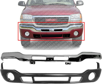 Front Bumper Chrome Steel Without Brackets + Lower Valance Primed With Fog Light Holes Direct Replacement Compatible With GMC Sierra 1500 2500HD 3500 2003-2006 GM1002418 GM1000684