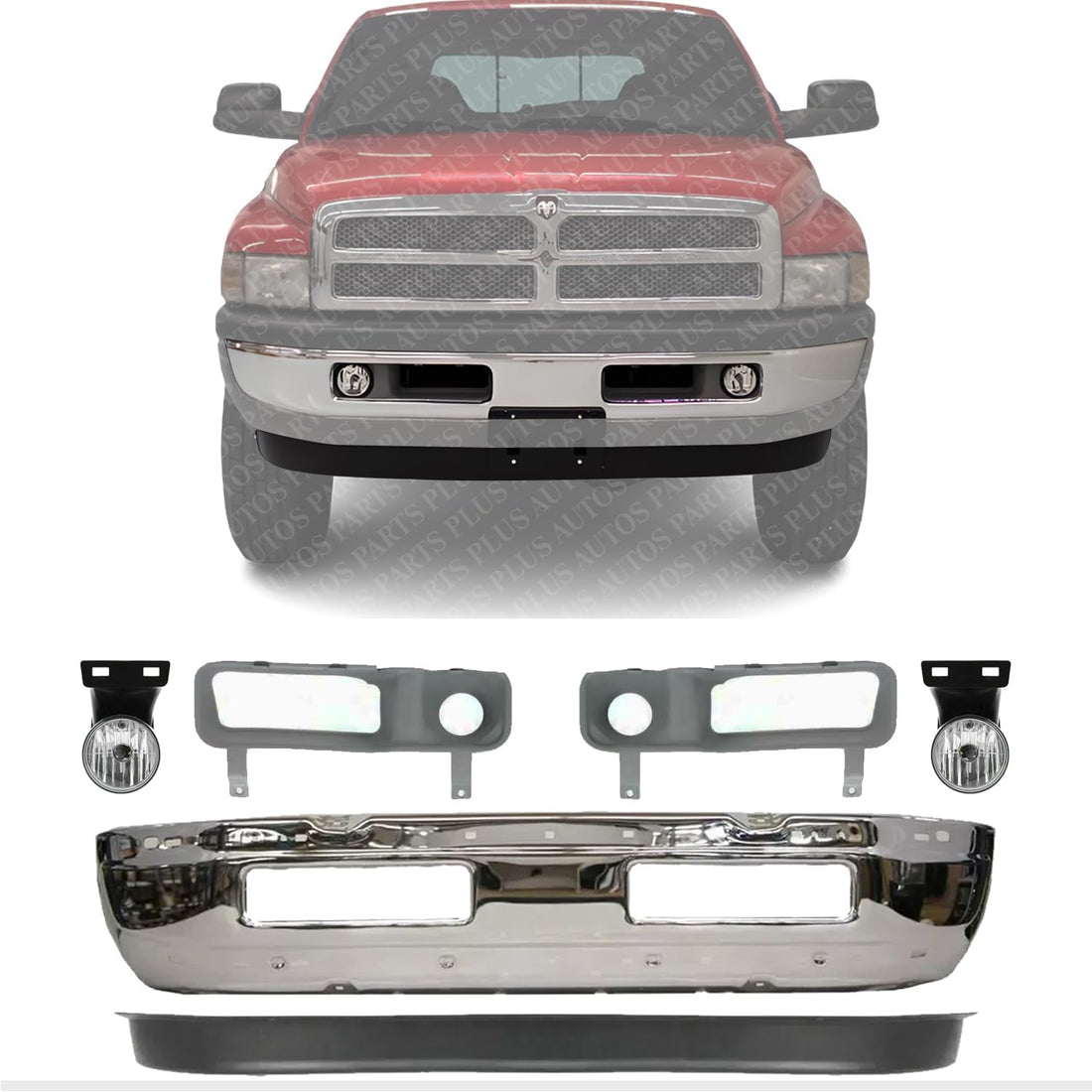 Front Bumper Chrome + Lower Valance Deflector Textured + Fog Light + Molding Primed Left & Right Side Direct Replacement Compatible With 1994-2001 Dodge Ram 1500/1994-2002 2500 3500