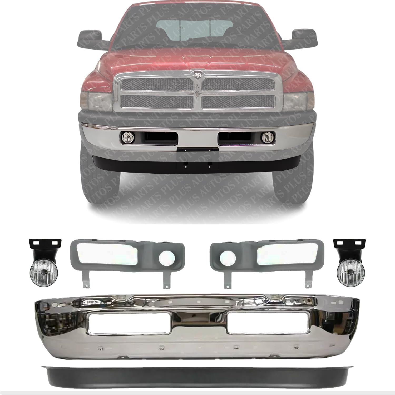 Front Bumper Chrome + Lower Valance Deflector Textured + Fog Light + Molding Primed Left & Right Side Direct Replacement Compatible With 1994-2001 Dodge Ram 1500/1994-2002 2500 3500