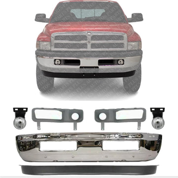 Front Bumper Chrome + Lower Valance Deflector Textured + Fog Light + Molding Primed Left & Right Side Direct Replacement Compatible With 1994-2001 Dodge Ram 1500/1994-2002 2500 3500