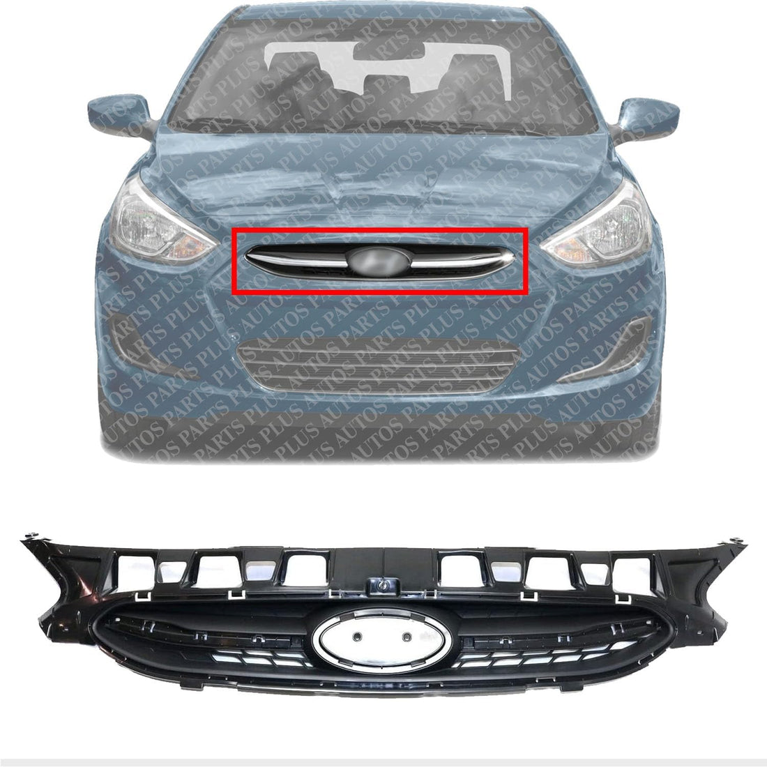 Front Bumper Upper Grille Textured Black Shell & Insert Direct Replacement Compatible With 2015-2017 Hyundai Accent HY1200184 863511R510