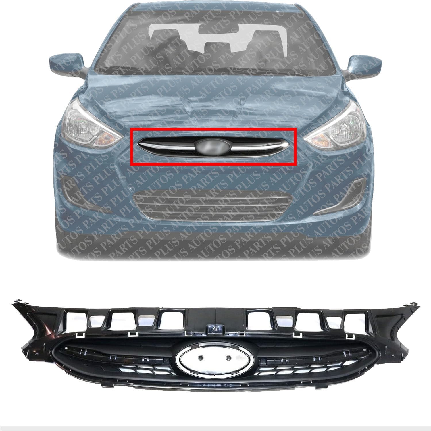 Front Bumper Upper Grille Textured Black Shell & Insert Direct Replacement Compatible With 2015-2017 Hyundai Accent HY1200184 863511R510