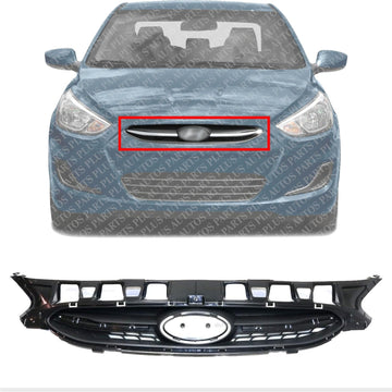 Front Bumper Upper Grille Textured Black Shell & Insert Direct Replacement Compatible With 2015-2017 Hyundai Accent HY1200184 863511R510